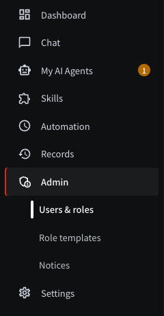 The left menu of an administrator account. Under "Admin", "Users & roles", "Role templates", and "Notices" are expanded
