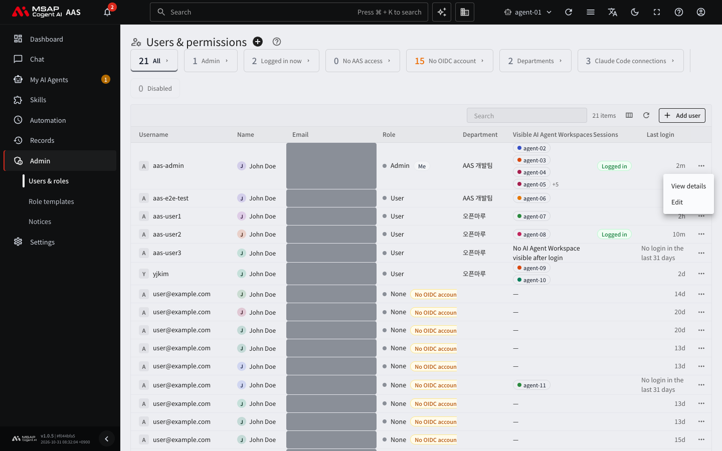 The "…" menu at the end of a row in the user list, showing "View details" and "Edit"