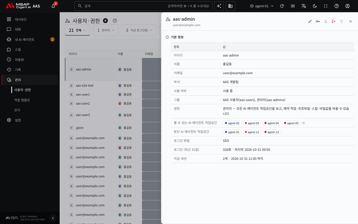 사용자 상세 창. 위쪽에 동작 버튼이 아이콘으로 있고 아래에 아이디, 이름, 이메일 등이 나오는 모습