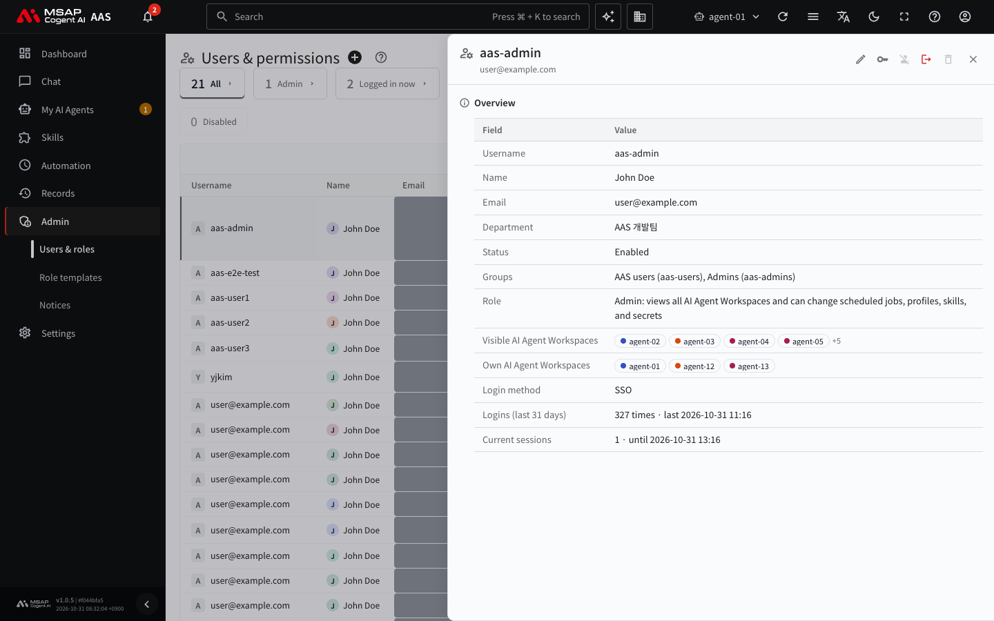 The user detail window. Action buttons are icons at the top, and the username, name, email, and more appear below