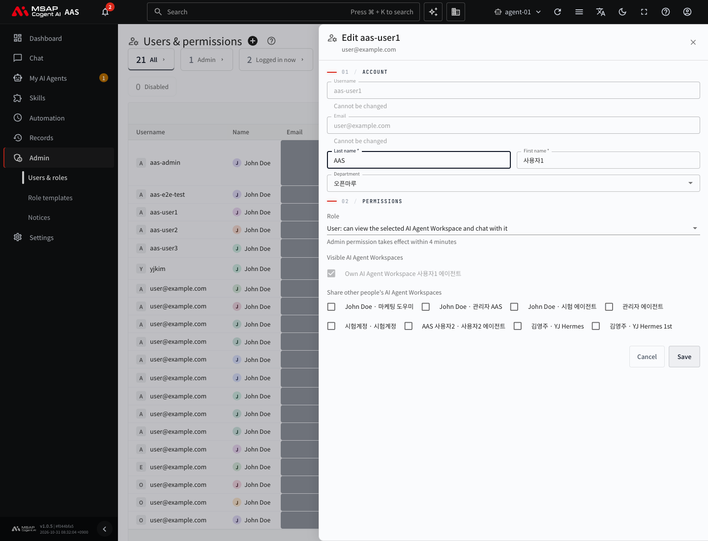 The "Edit" drawer for one person. The username and email are locked, and the last name, first name, department, and role can be edited