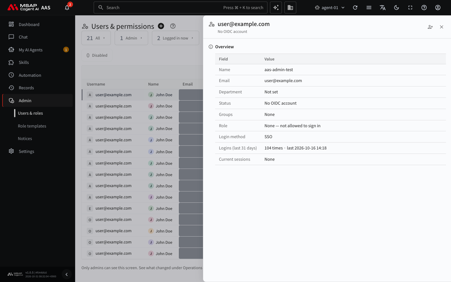 Detail window of a person with no OIDC account. The button for creating the account is at the top