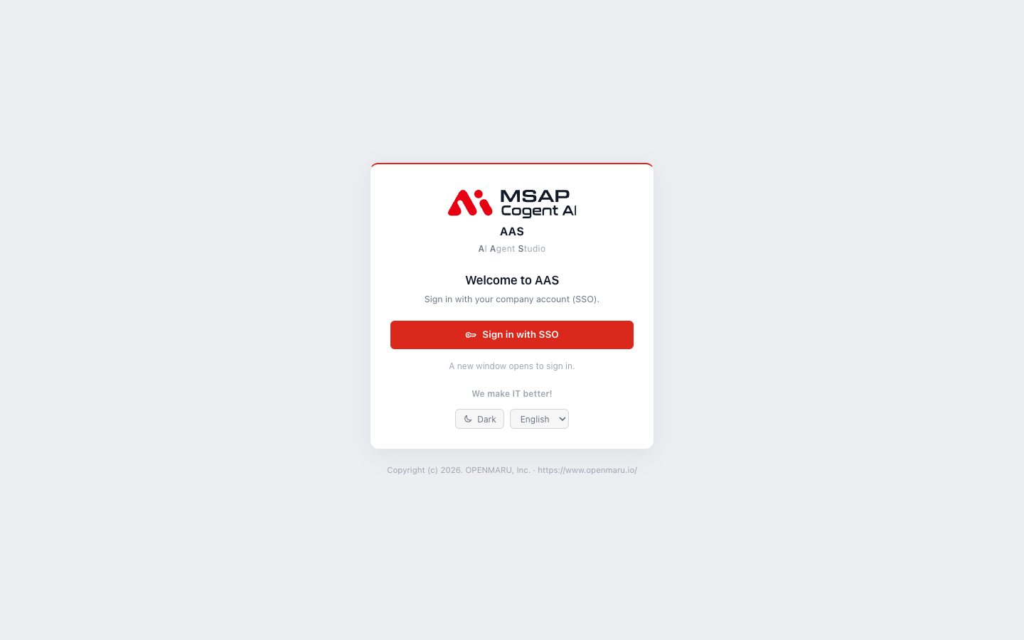The "Welcome to AAS" sign-in screen with one "Sign in with SSO" button