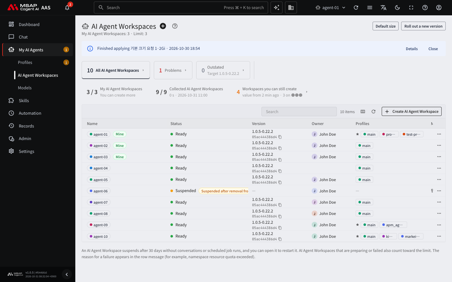 The list and the cards at the top of the AI Agent Workspaces screen.