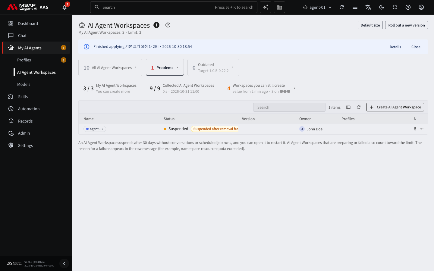 List filtered by the "Problems" card. Suspended workspaces appear with their reasons.