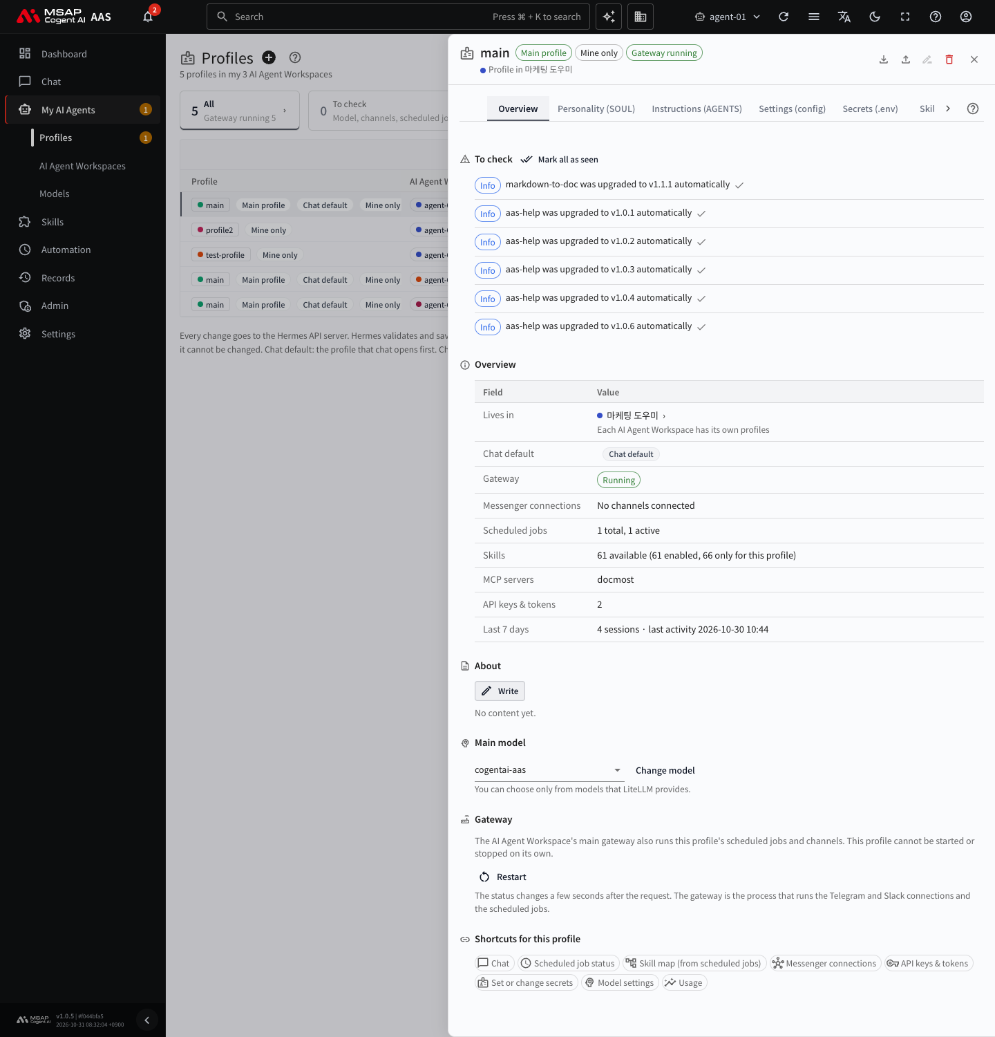 The "Overview" tab of the profile drawer, showing the "Main model" list and the "Change model" button