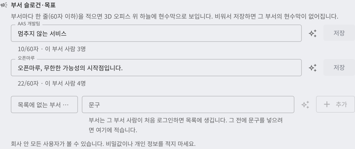 「부서 슬로건·목표」 영역. 부서마다 한 줄 입력 칸과 「저장」 버튼이 있고 아래에 목록에 없는 부서를 추가하는 칸이 있는 모습