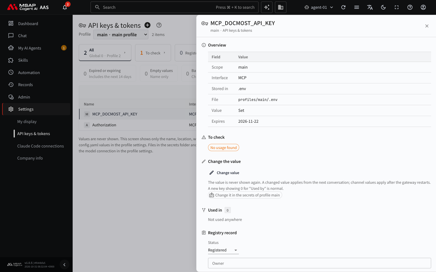 The API keys & tokens drawer. It shows the scope, storage location, whether the value is filled in, and the expiry date, and does not show the value itself