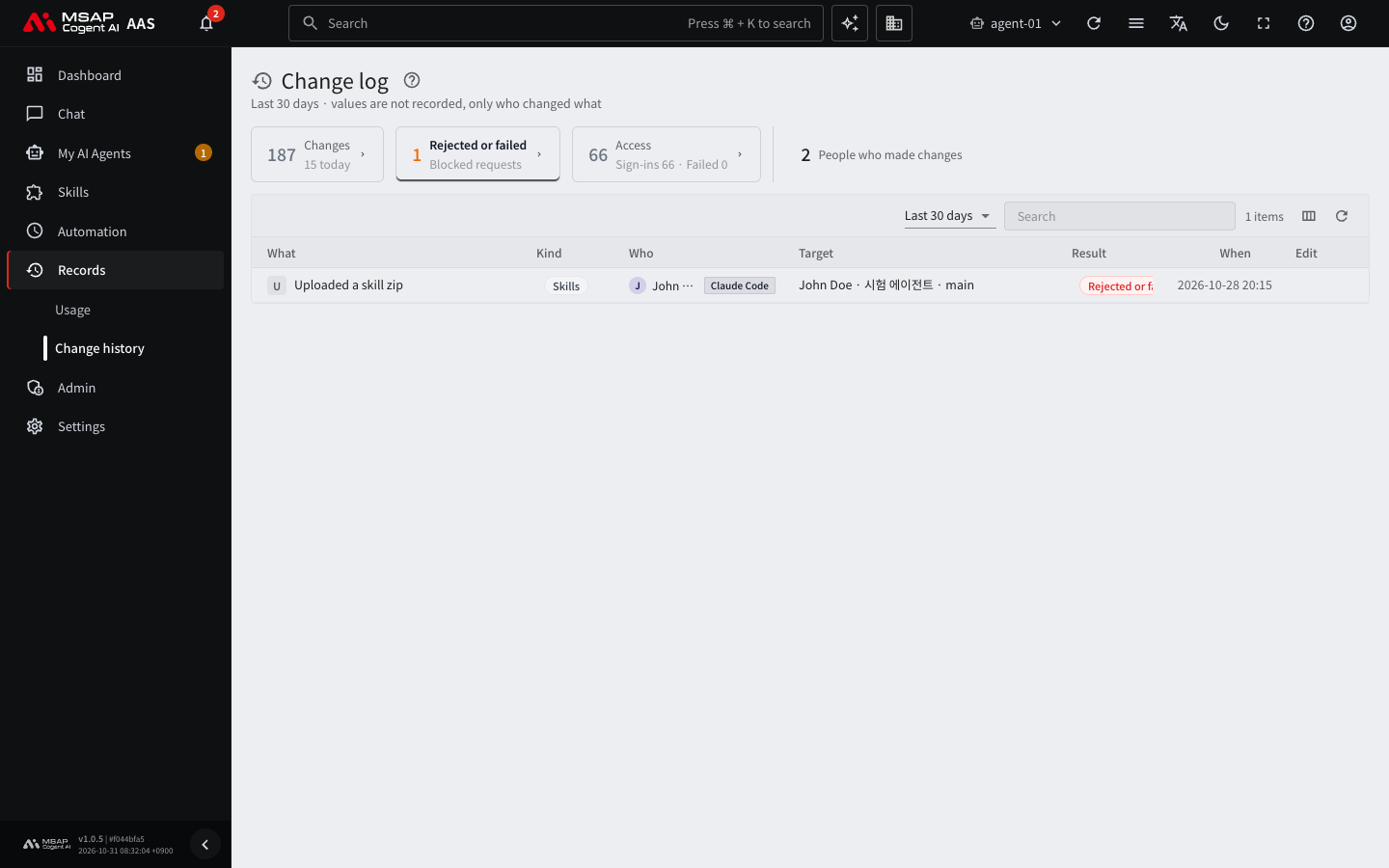 Change log filtered by the "Rejected or failed" card