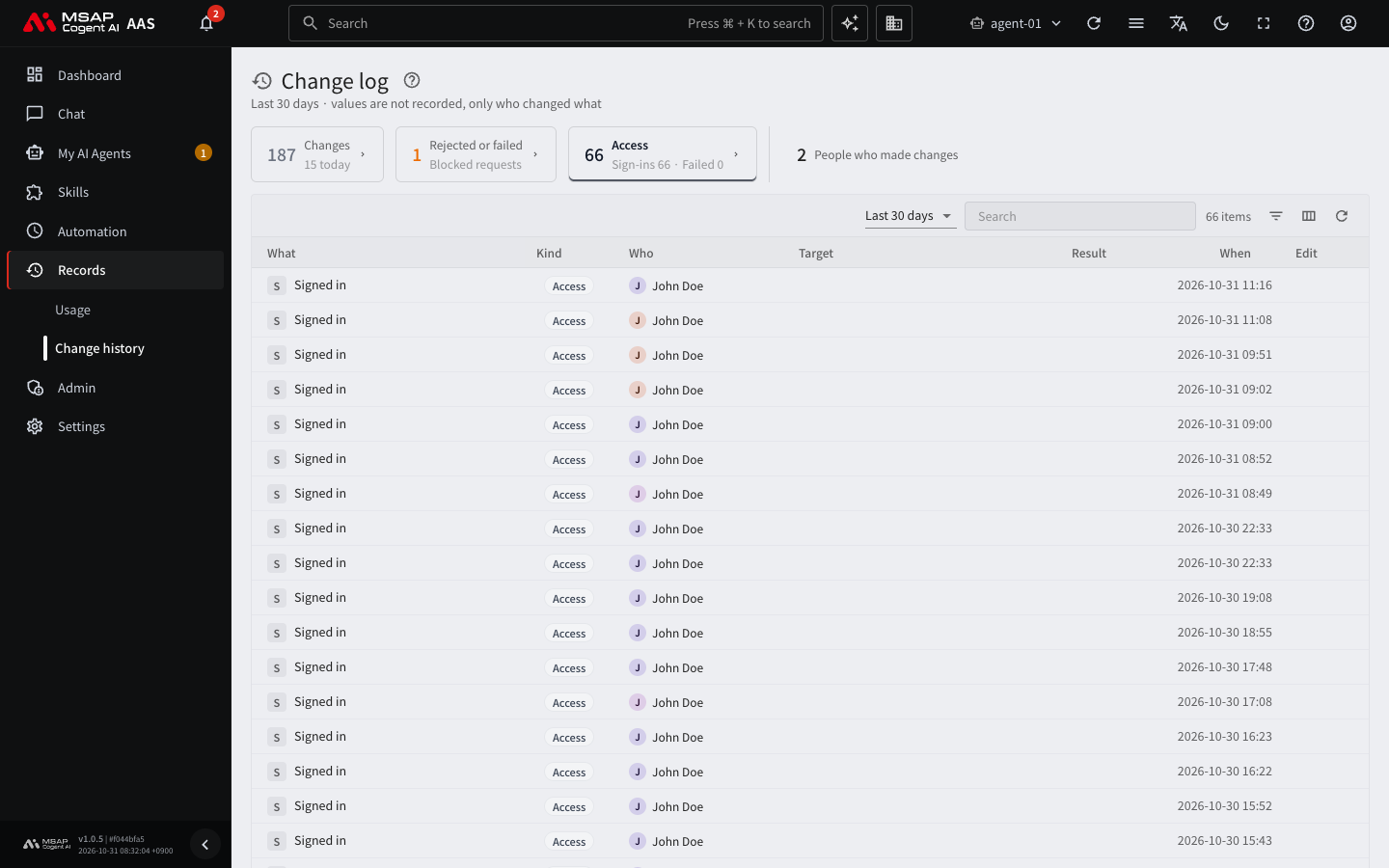 Change log filtered by the "Access" card. Sign-in records appear row by row