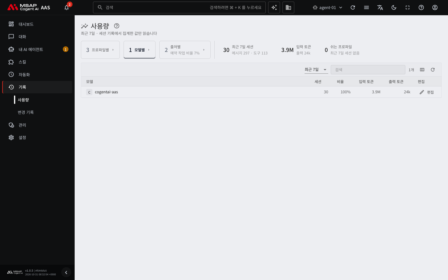 「모델별」 카드로 거른 사용량 목록