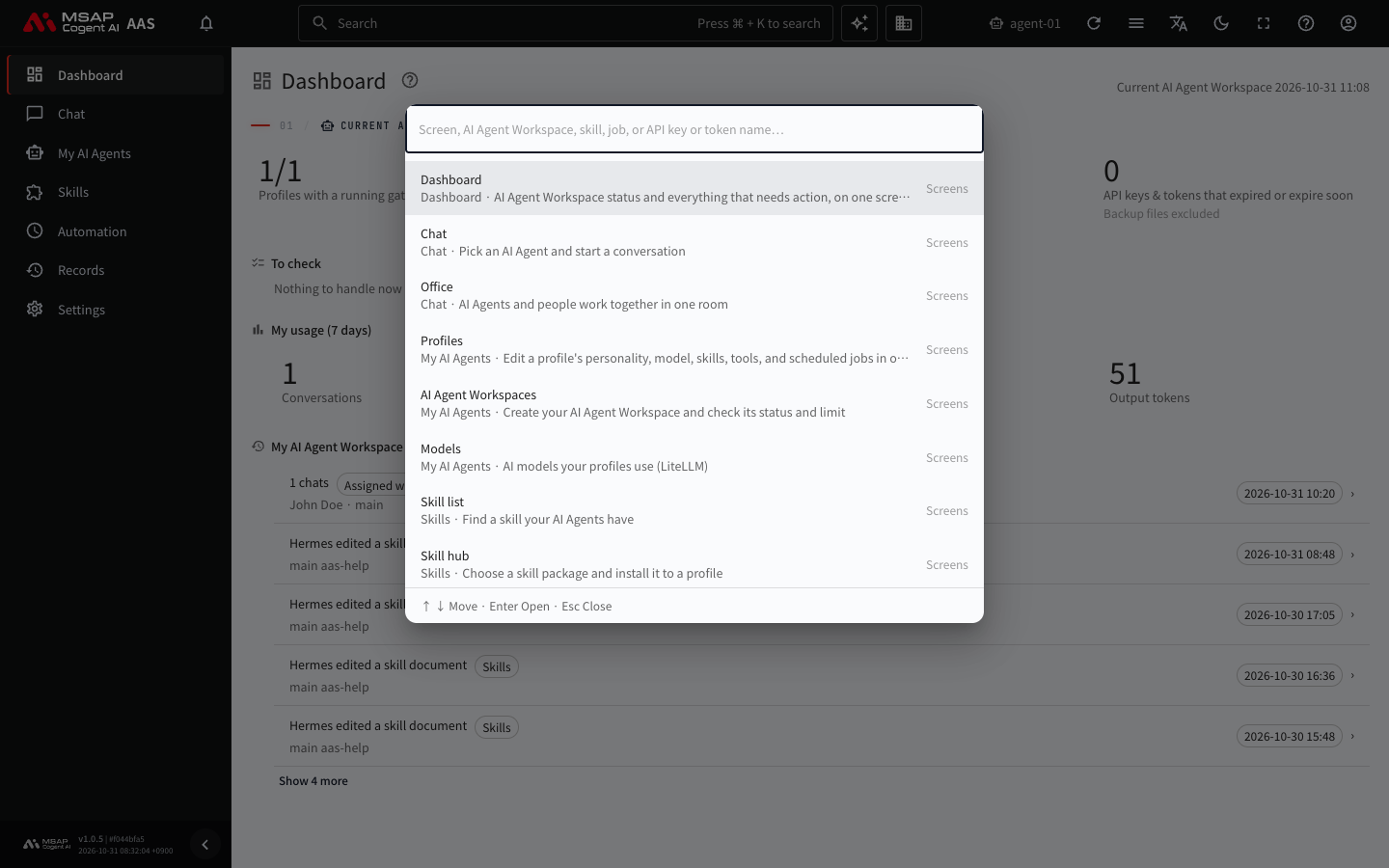 The search window opened with Ctrl+K.