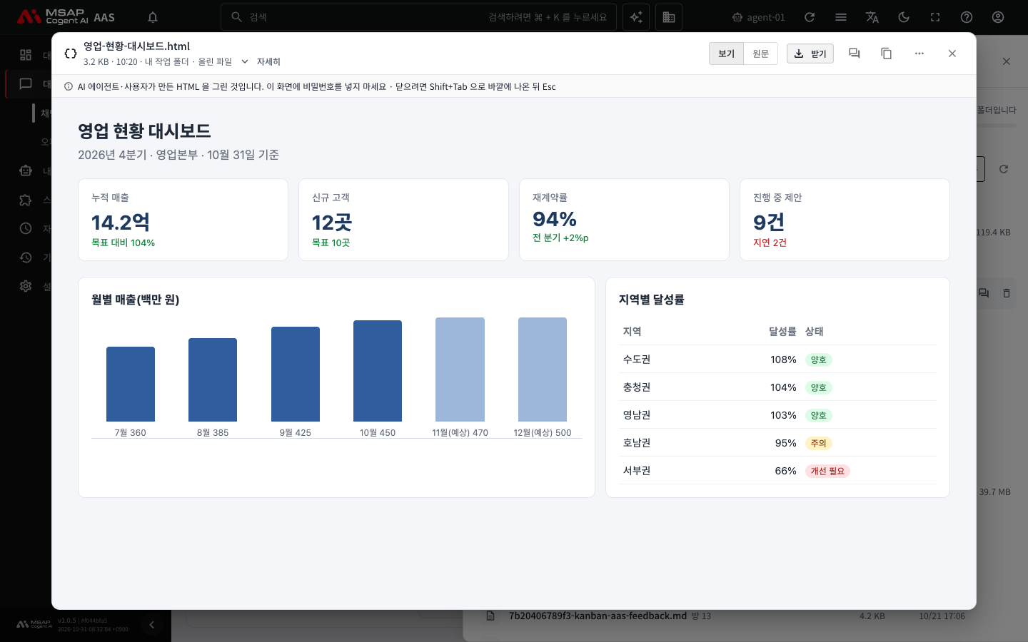 HTML 문서를 연 뷰어. 위쪽 띠에 「AI 에이전트·사용자가 만든 HTML 을 그린 것입니다」 안내가 나옵니다.