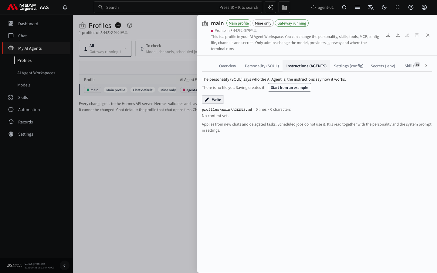 The "Instructions (AGENTS)" tab. When the file does not exist yet, the "Start from an example" and "Write" buttons appear.