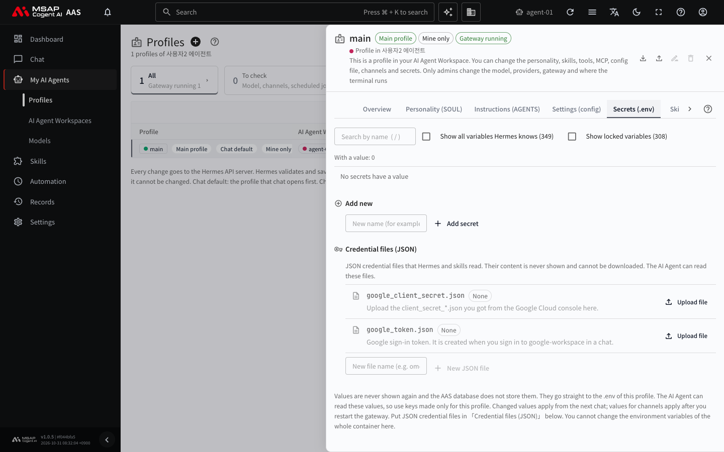 The "Add new" section of the "Secrets (.env)" tab. It has a "New name" field and an "Add a new secret" button, followed by the "Credential files (JSON)" section.