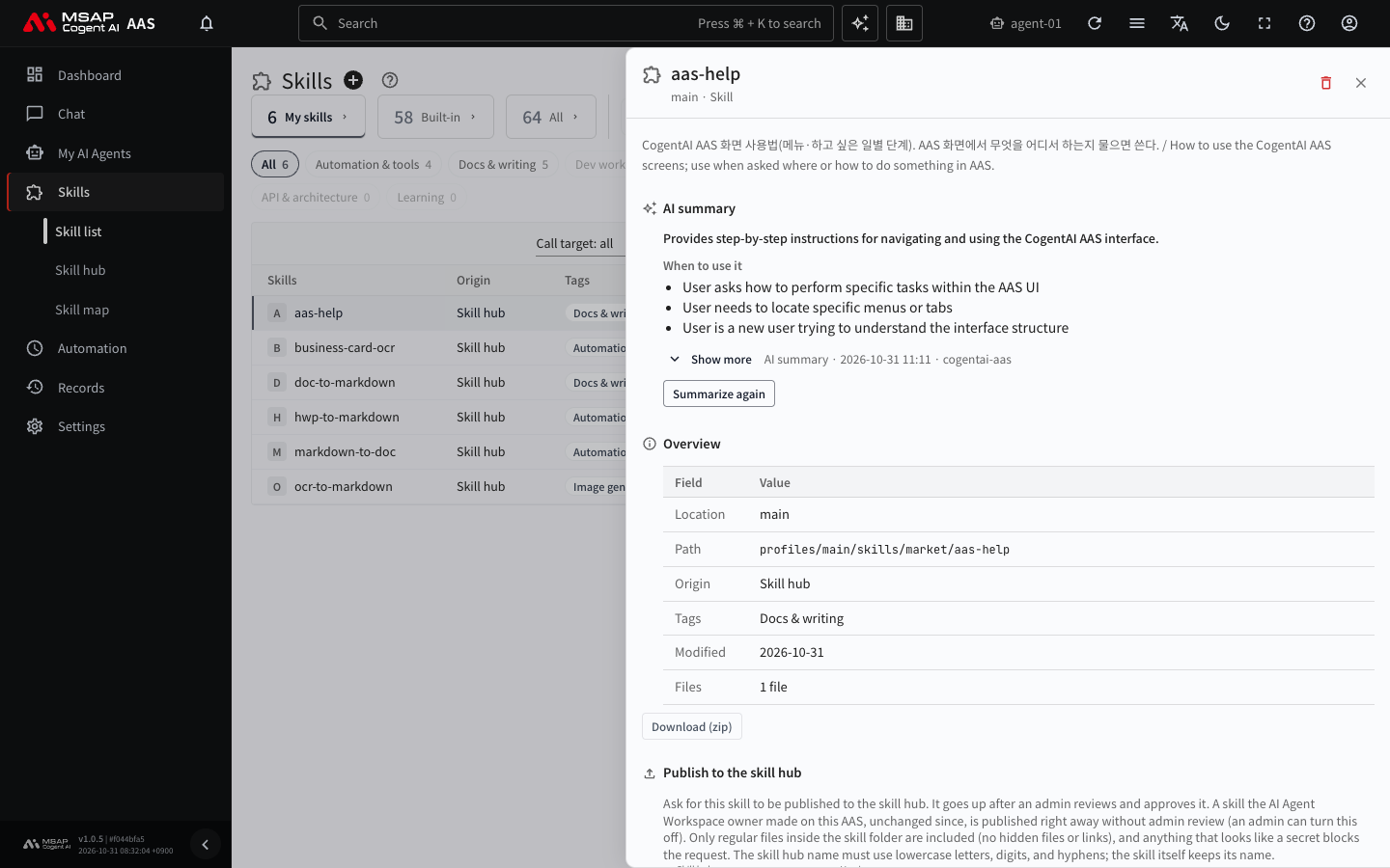 The skill detail drawer. It shows the location, path, source, and tags.
