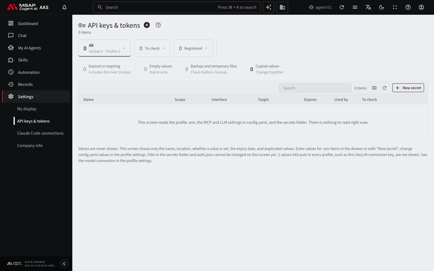 The "API keys & tokens" screen. Values are not shown, only names and statuses.