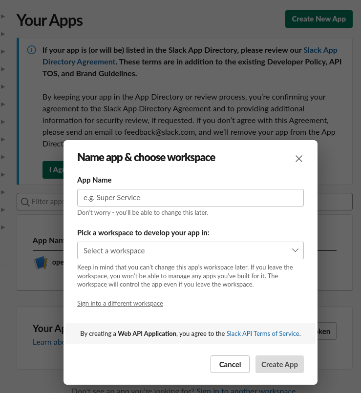 Slack API 사이트에서 새 앱을 만드는 화면