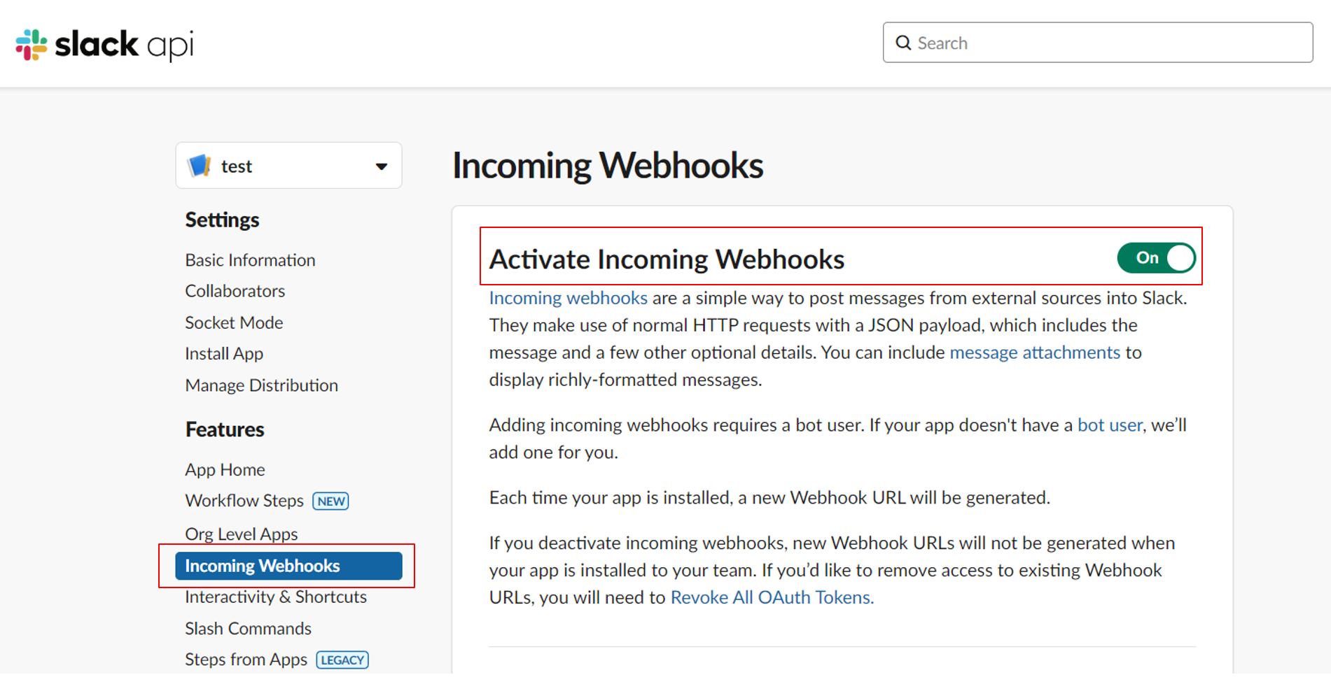 Turning on Incoming Webhooks