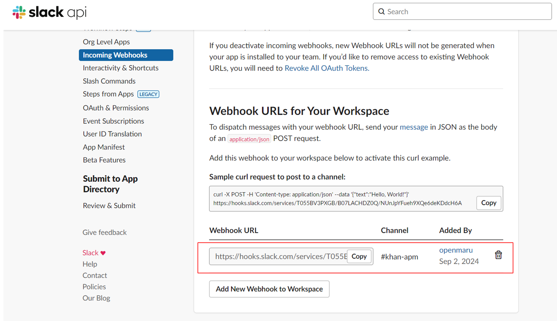 The issued webhook URL