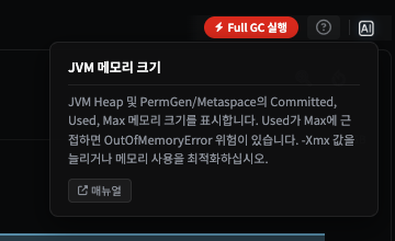 ? 아이콘 클릭 — JVM 메모리 크기 지표 설명과 매뉴얼 링크가 표시된 팝오버