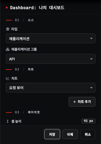 기존 대시보드 편집 패널 — 아래에 저장·삭제·취소 버튼