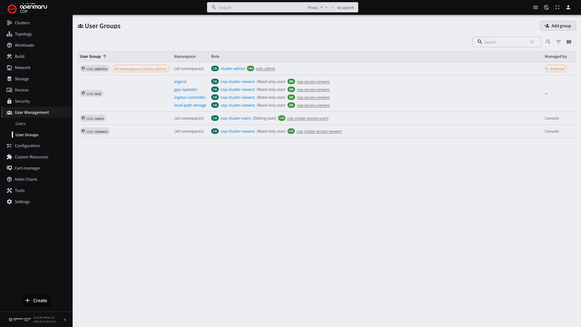 COP Console user group list