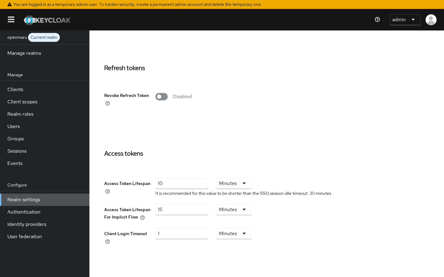 Keycloak Realm settings - Tokens