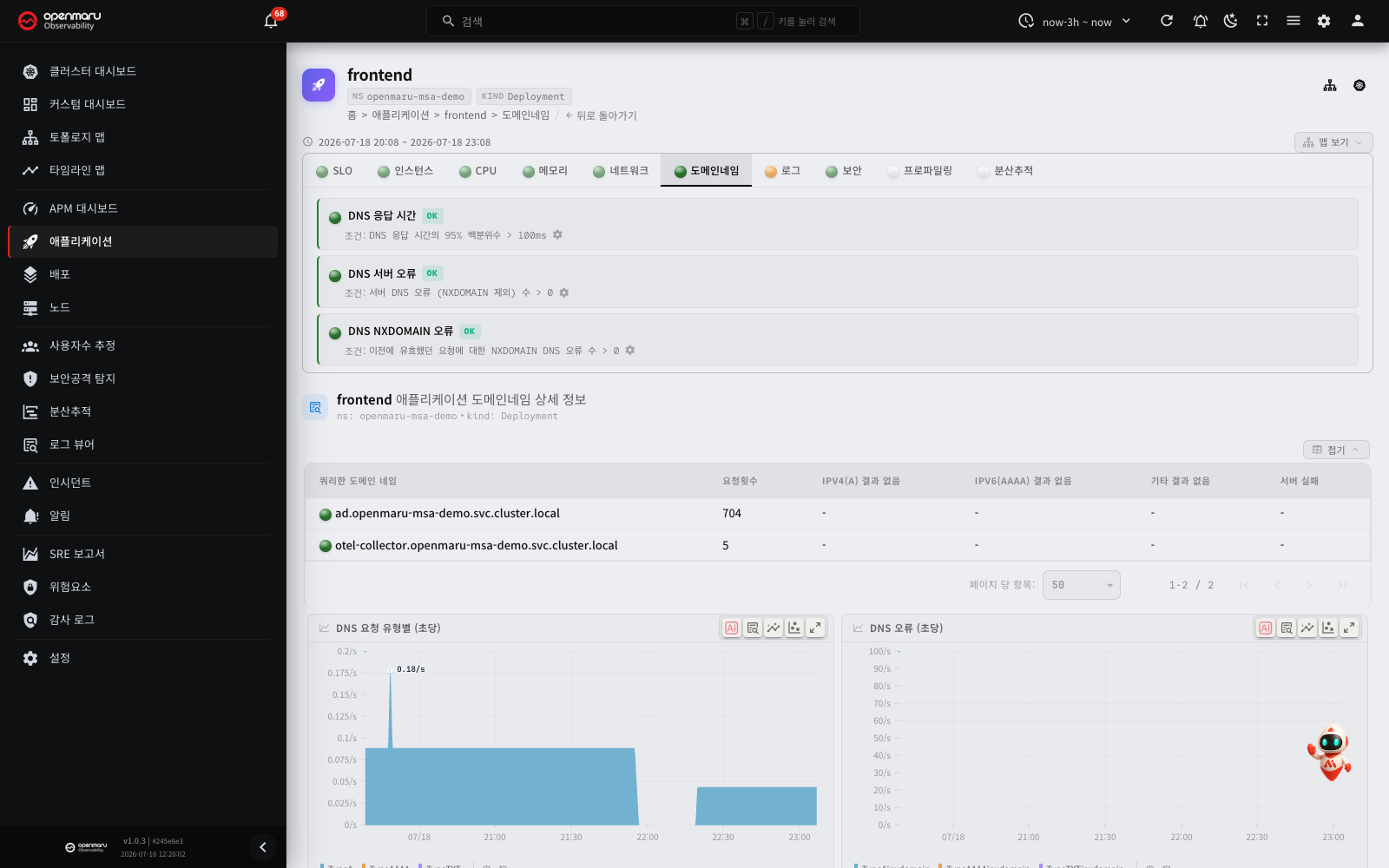 도메인네임 탭 — DNS 응답시간·오류 검사 · 도메인별 쿼리 표 · 쿼리 유형·오류 차트