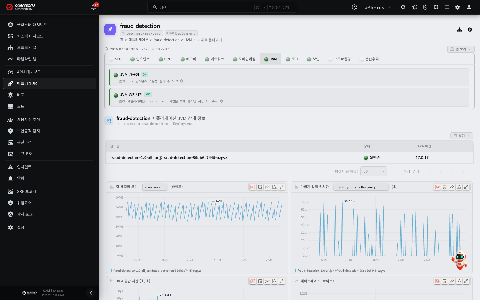 JVM 탭 — 인스턴스(Java 버전) · 힙 메모리 · GC 시간 · JVM 중단 시간 · 메타스페이스