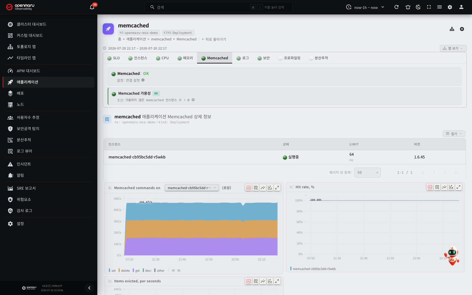 Memcached 탭 — 가 용성 검사 · 인스턴스(버전·용량) · 명령별 초당 명령 수·히트율·축출 항목 차트