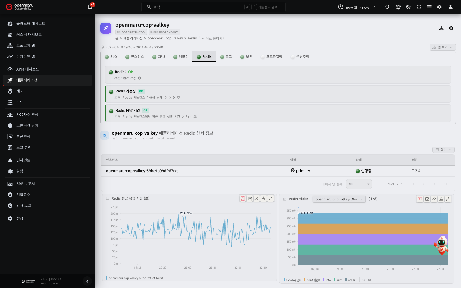 Redis 탭 — 검사(가용성·응답시간) · 인스턴스(역할·버전) · 평균 응답시간·명령별 초당 쿼리수 차트