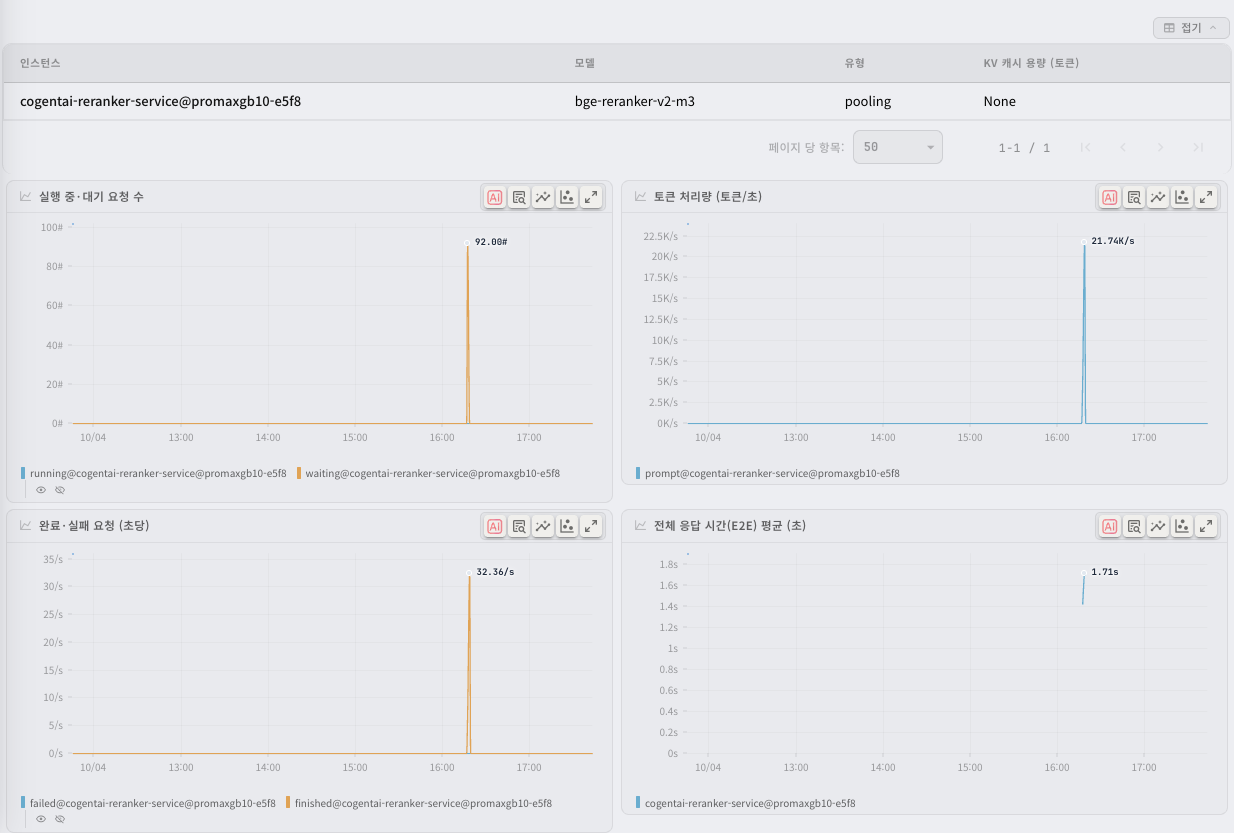 The vLLM tab of a pooling instance (reranker) — no KV cache usage and TTFT charts