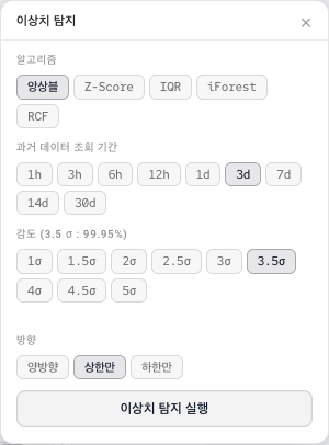 이상치 탐지 설정 패널