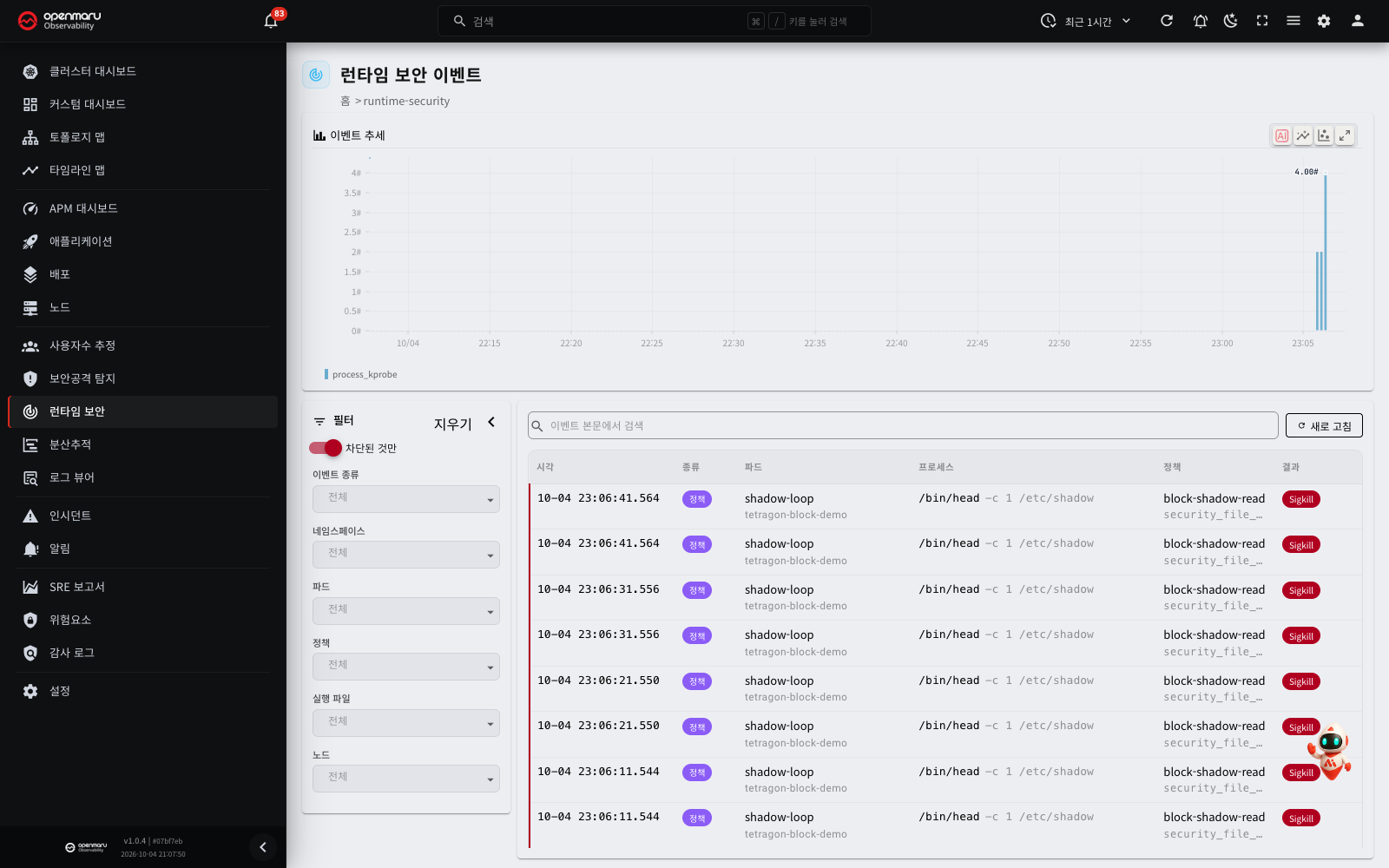 차단된 것만 스위치를 켠 화면: 결과 컬럼의 Sigkill 칩과 행 왼쪽의 빨간 선